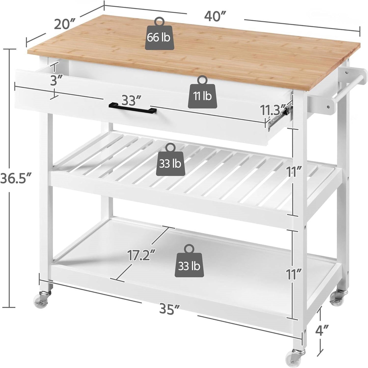 Carrito de isla de cocina blanco con cajón, estantes de almacenamiento y ruedas con seguro