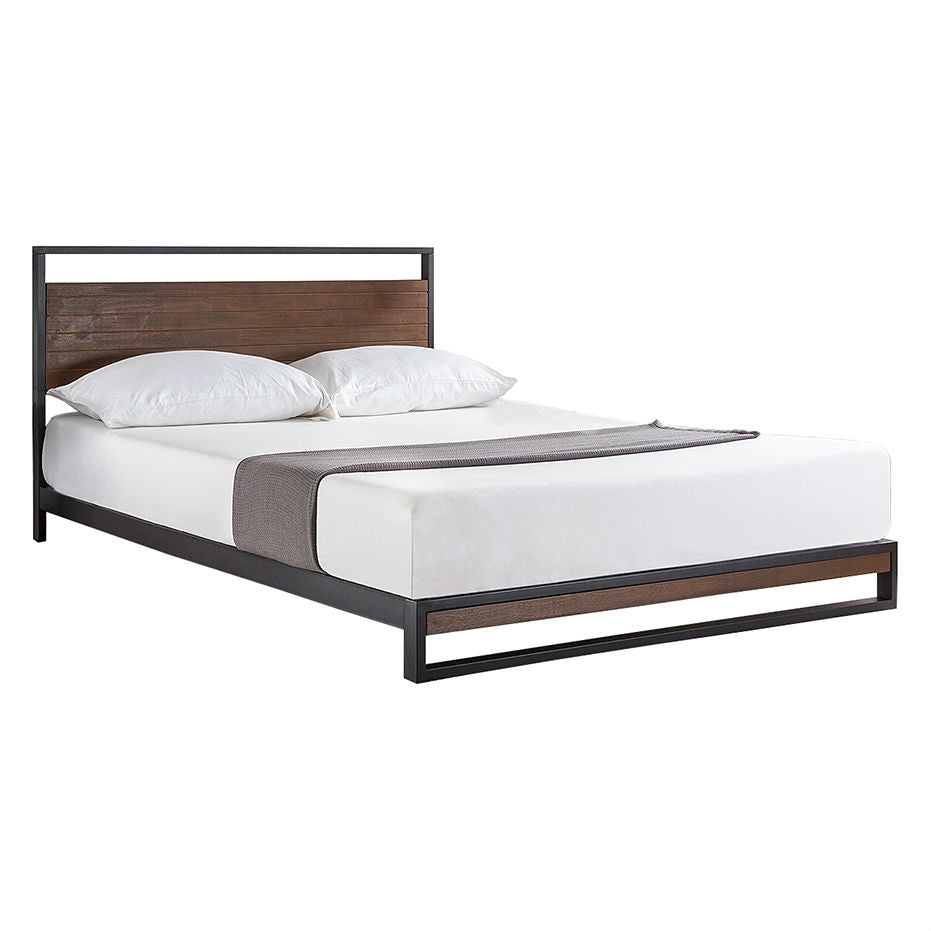 Base de cama King size de plataforma de metal y madera con cabecero
