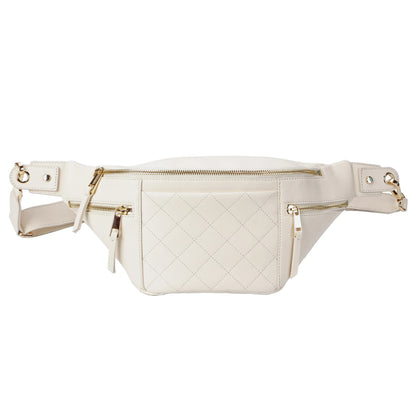 White Quilted Leather Belt Bag with Dual Top Zippers