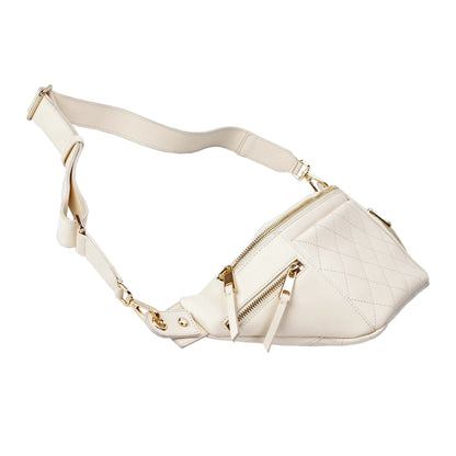 White Quilted Leather Belt Bag with Dual Top Zippers