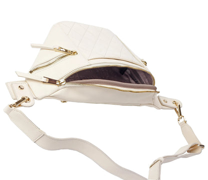 White Quilted Leather Belt Bag with Dual Top Zippers