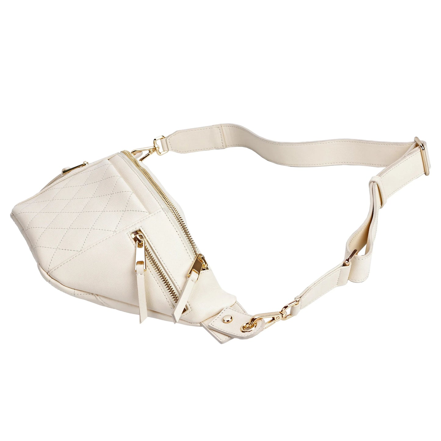 White Quilted Leather Belt Bag with Dual Top Zippers