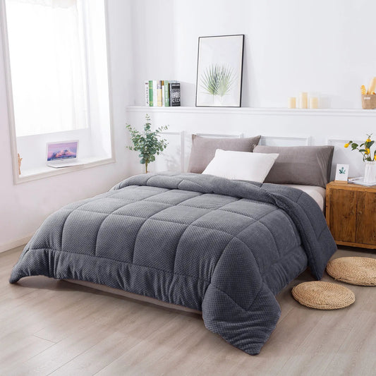 Kasentex Ultra Soft Sherpa Lined Comforter Set dark gray quilted plush on bed on Tampa Home & Garden Store