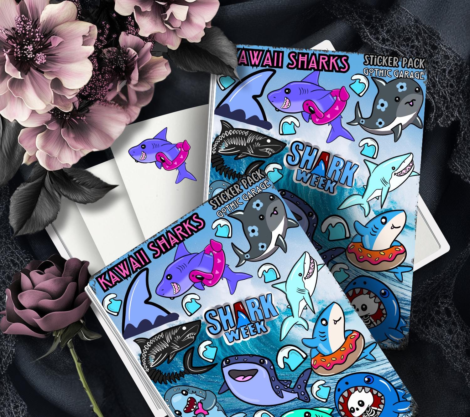 Kawaii Sharks Sticker Sheet– Goth Cute & Spooky Ocean Stickers - Tampa Home & Garden Store
