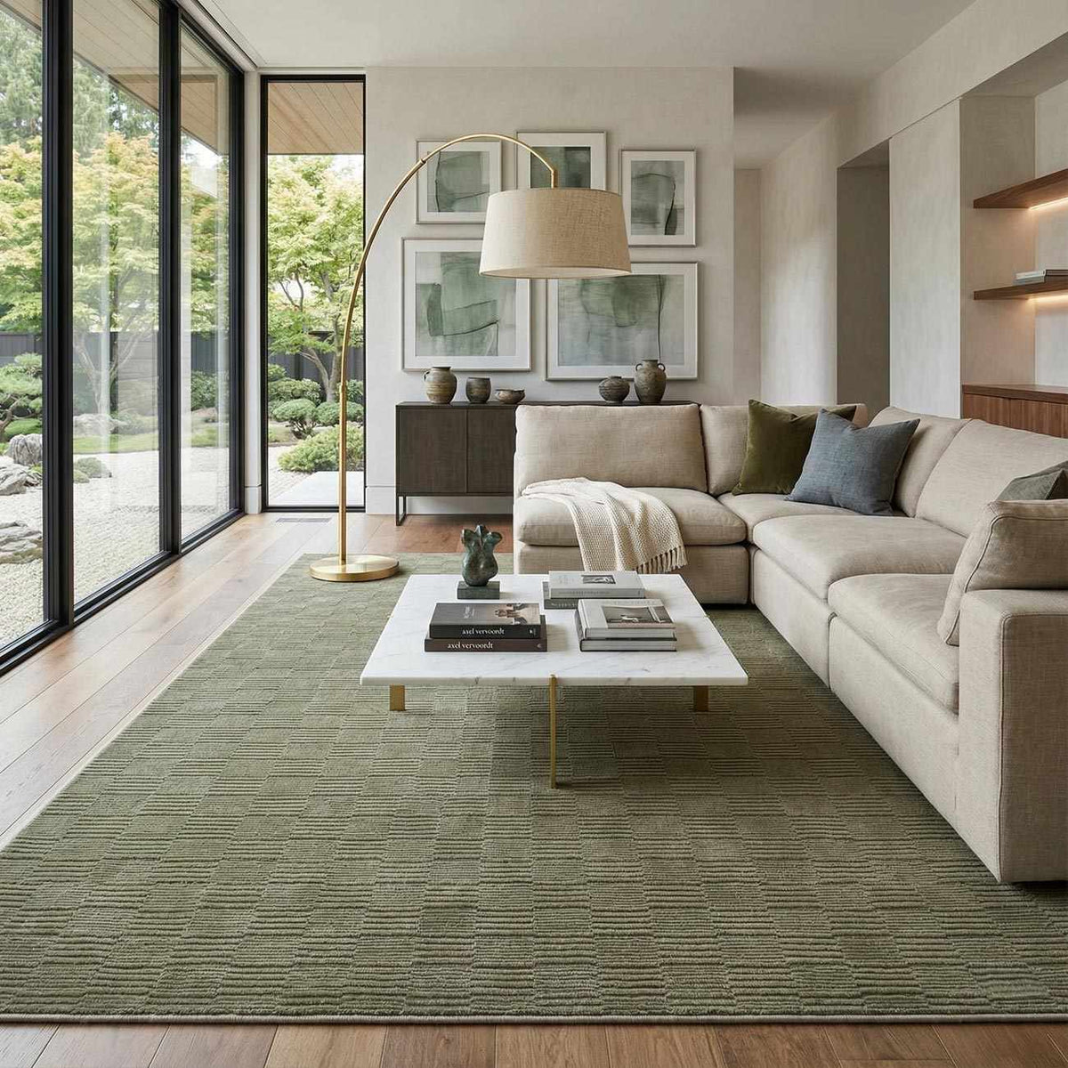 Kazuma Green Washable Area Rug by Boutique Rugs in a modern beige living room on Tampa Home & Garden Store