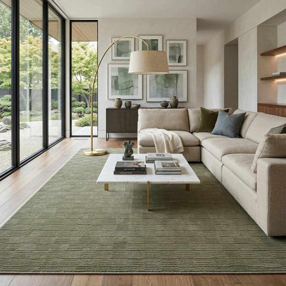 Kazuma Green Washable Area Rug by Boutique Rugs in a modern beige living room on Tampa Home & Garden Store