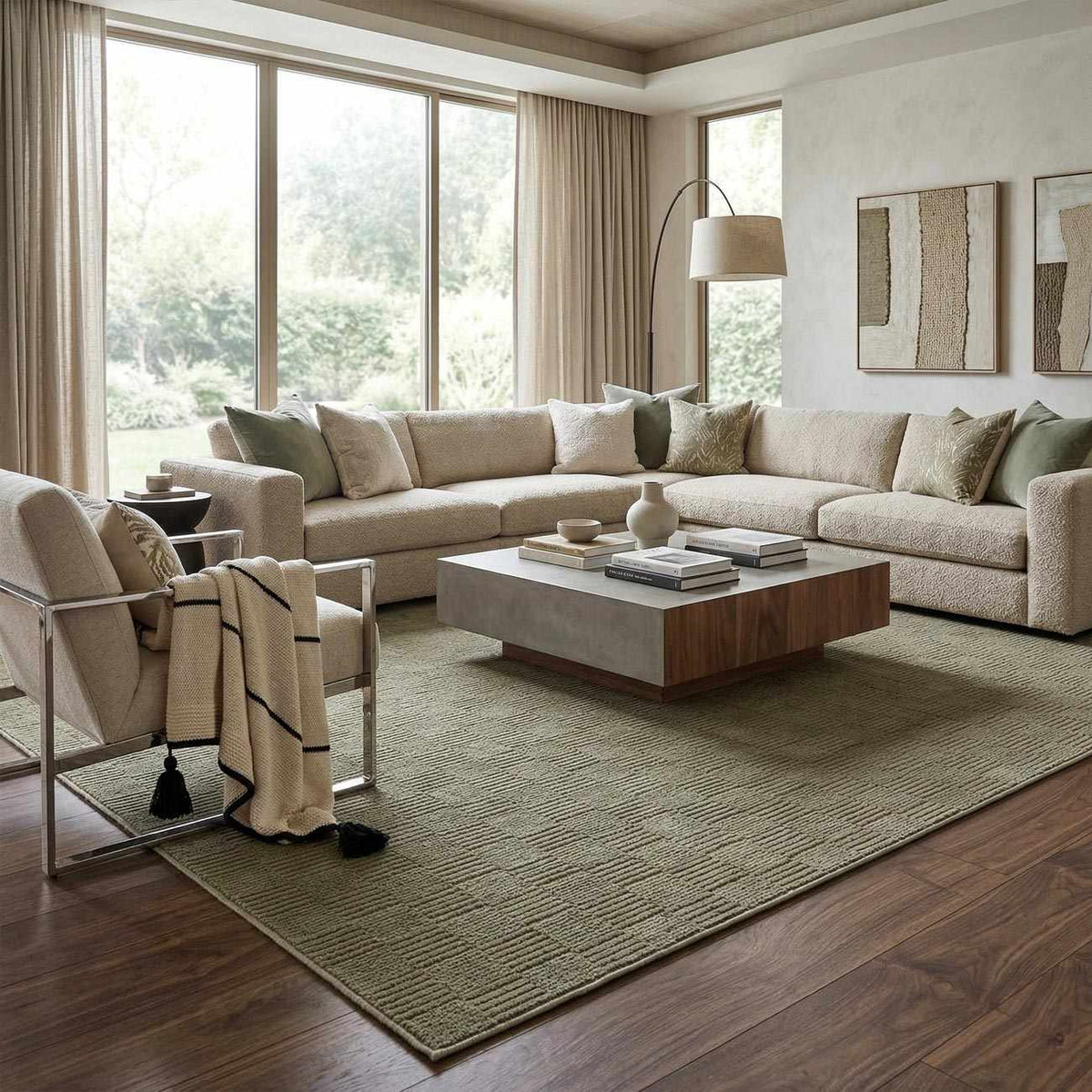 Kazuma Green Washable Area Rug by Boutique Rugs; green textured rug in a modern living room on Tampa Home & Garden Store