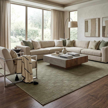 Kazuma Green Washable Area Rug by Boutique Rugs; green textured rug in a modern living room on Tampa Home & Garden Store