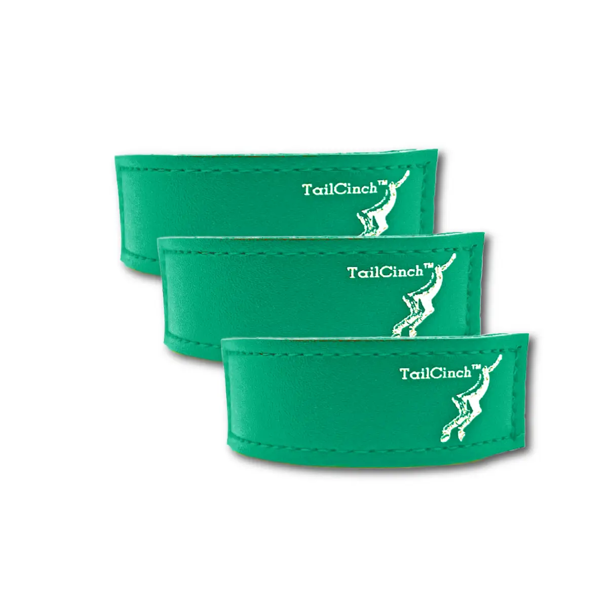 TailCinch Equine Tail Ties set of 3 in green faux-leather with white TailCinch logo on Tampa Home & Garden Store