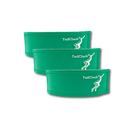 TailCinch Equine Tail Ties set of 3 in green faux-leather with white TailCinch logo on Tampa Home & Garden Store