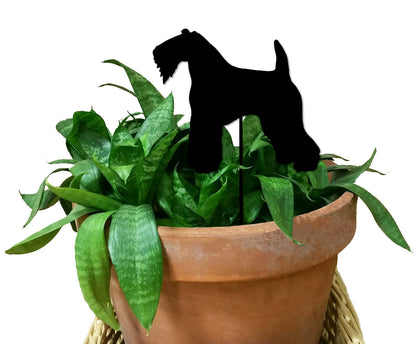 Kerry Blue Terrier plant stake by Rustica Ornamentals in a terracotta pot with green leaves on Tampa Home & Garden Store