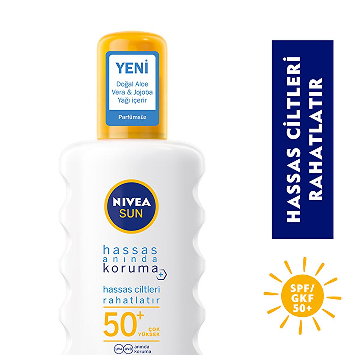 NIVEA Sun SPF 50+ sunscreen bottle with yellow cap, fragrance-free for sensitive skin on Tampa Home & Garden Store