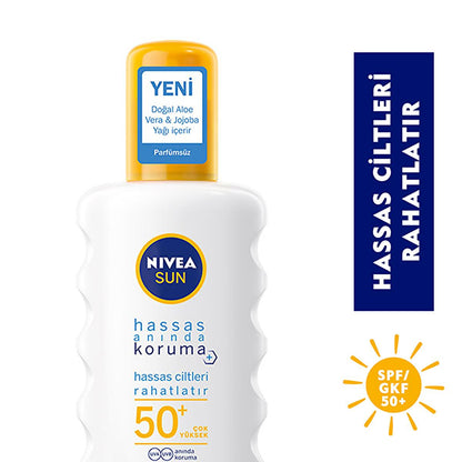 NIVEA Sun SPF 50+ sunscreen bottle with yellow cap, fragrance-free for sensitive skin on Tampa Home & Garden Store