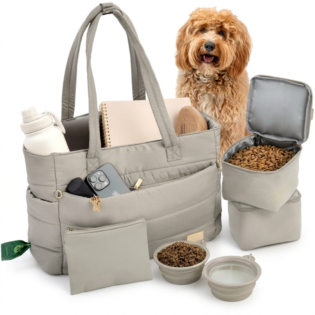 Puffer Dog Travel Bag for Dog Moms in gray with Rubyloo travel bowls set and accessories on Tampa Home & Garden Store