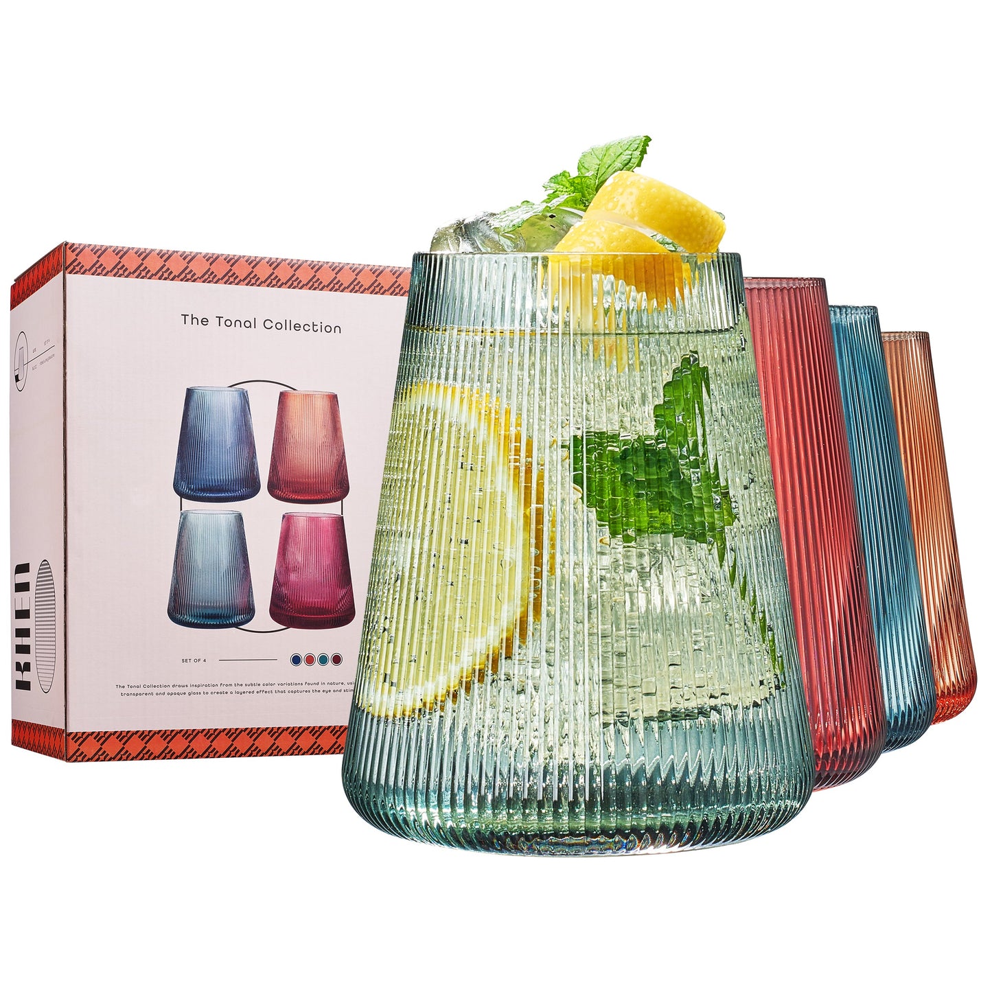 Tonal Ribbed Stemless Wine Glasses Set of 4