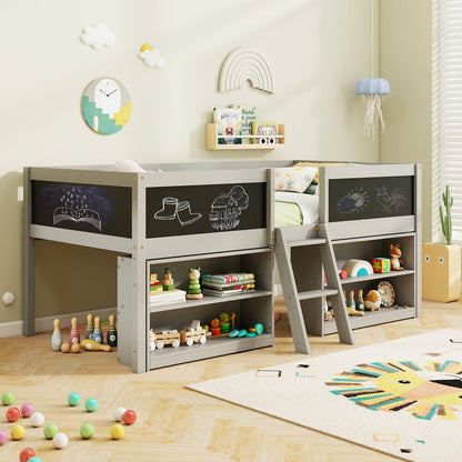 Kid Twin Size Low Loft Bed with Chalkboard Ramp Ladder and Bookcases