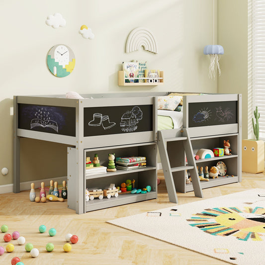 Kid Twin Size Low Loft Bed with Chalkboard Ramp Ladder and Bookcases - Tampa Home & Garden Store