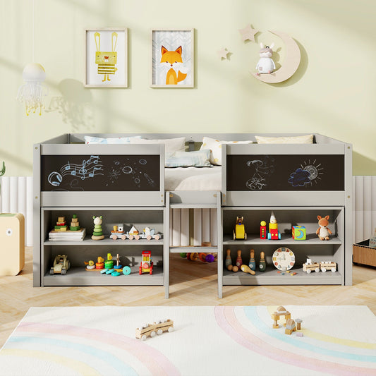 Kid Twin Size Low Loft Bed with Chalkboard Ramp Ladder and Bookcases - Tampa Home & Garden Store