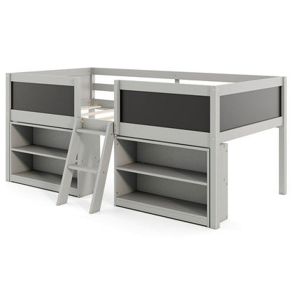 Kid Twin Size Low Loft Bed with Chalkboard Ramp Ladder and Bookcases