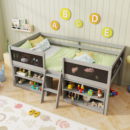 Kid Twin Size Low Loft Bed with Chalkboard Ramp Ladder and Bookcases