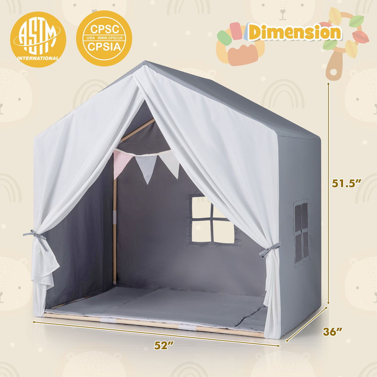 Kid's Play Tent GemGear with washable cotton mat and flag banner, gray fabric 52x36x51.5 in on Tampa Home & Garden Store