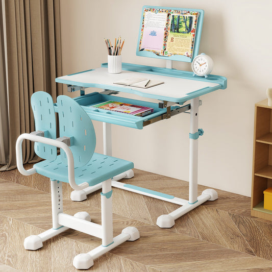 Kid's Study Desk and Chair Set with Tilt Desktop and Book Stand - Tampa Home & Garden Store