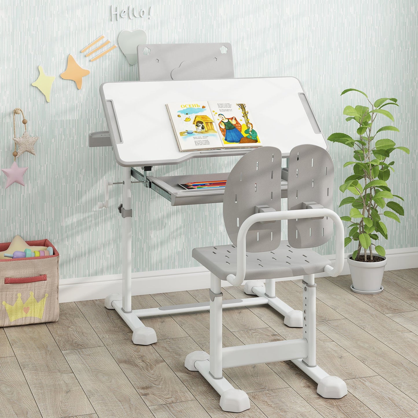 Kid's Study Desk and Chair Set with Tilt Desktop and Book Stand