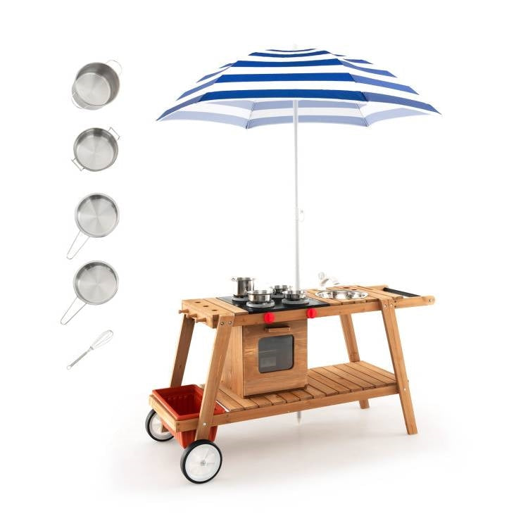 Kids Wooden Play Portable Cook Cart Set Navy/White Sun Proof Umbrella - Tampa Home & Garden Store
