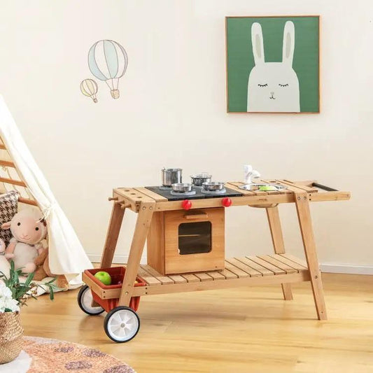 Kids wooden portable cook cart with built-in stove and oven on wheels natural wood finish on Tampa Home & Garden Store