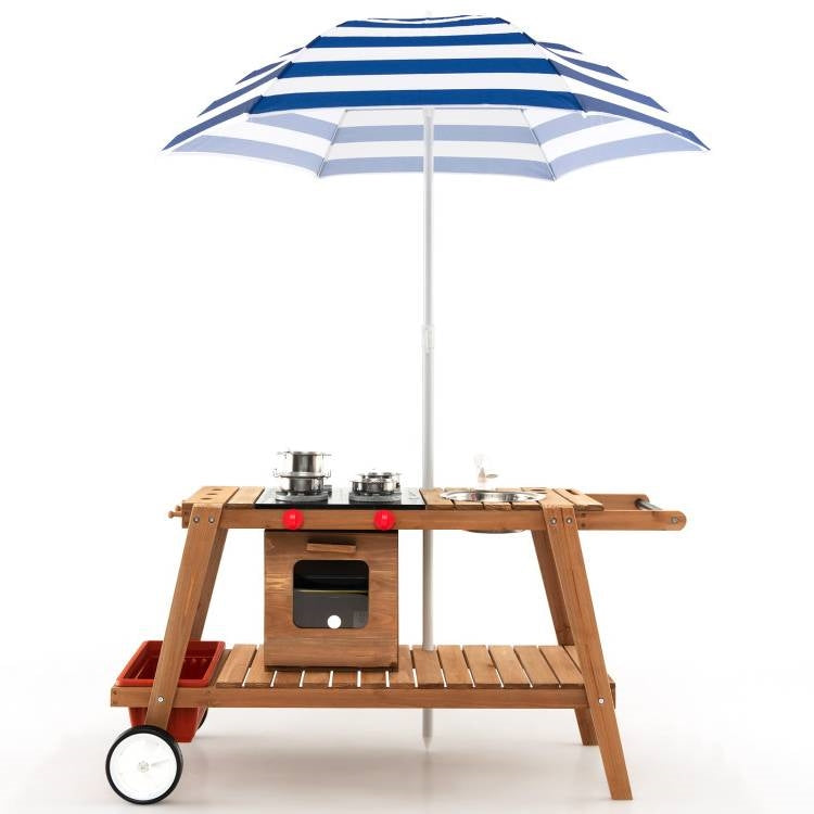 Kids Wooden Play Portable Cook Cart Set Navy/White Sun Proof Umbrella - Tampa Home & Garden Store