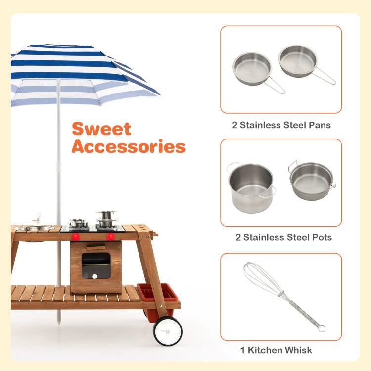 Kids Wooden Play Portable Cook Cart Set Navy/White Sun Proof Umbrella - Tampa Home & Garden Store