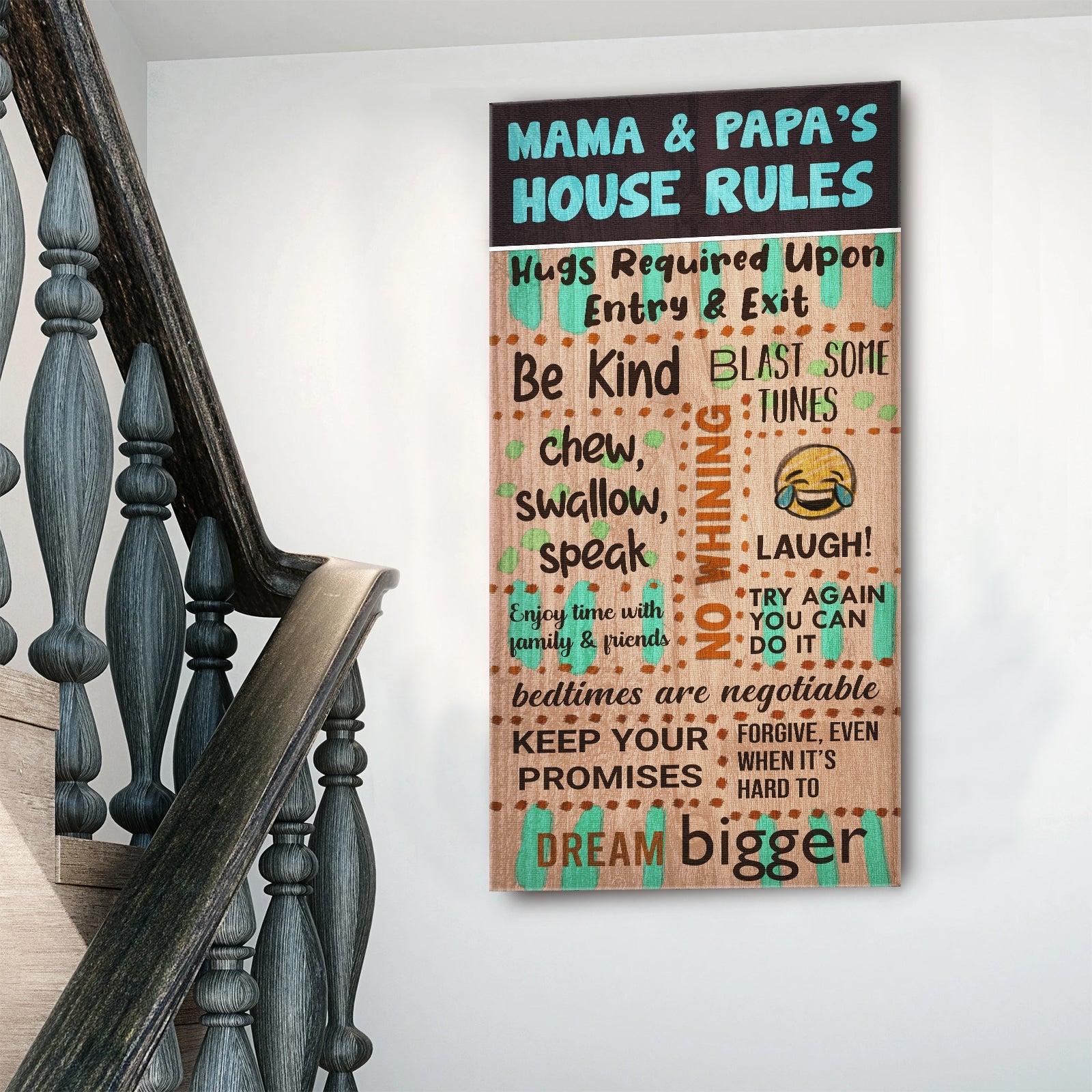 Patio Rules Sign canvas with teal top text on dark panel and beige bottom panel on Tampa Home & Garden Store