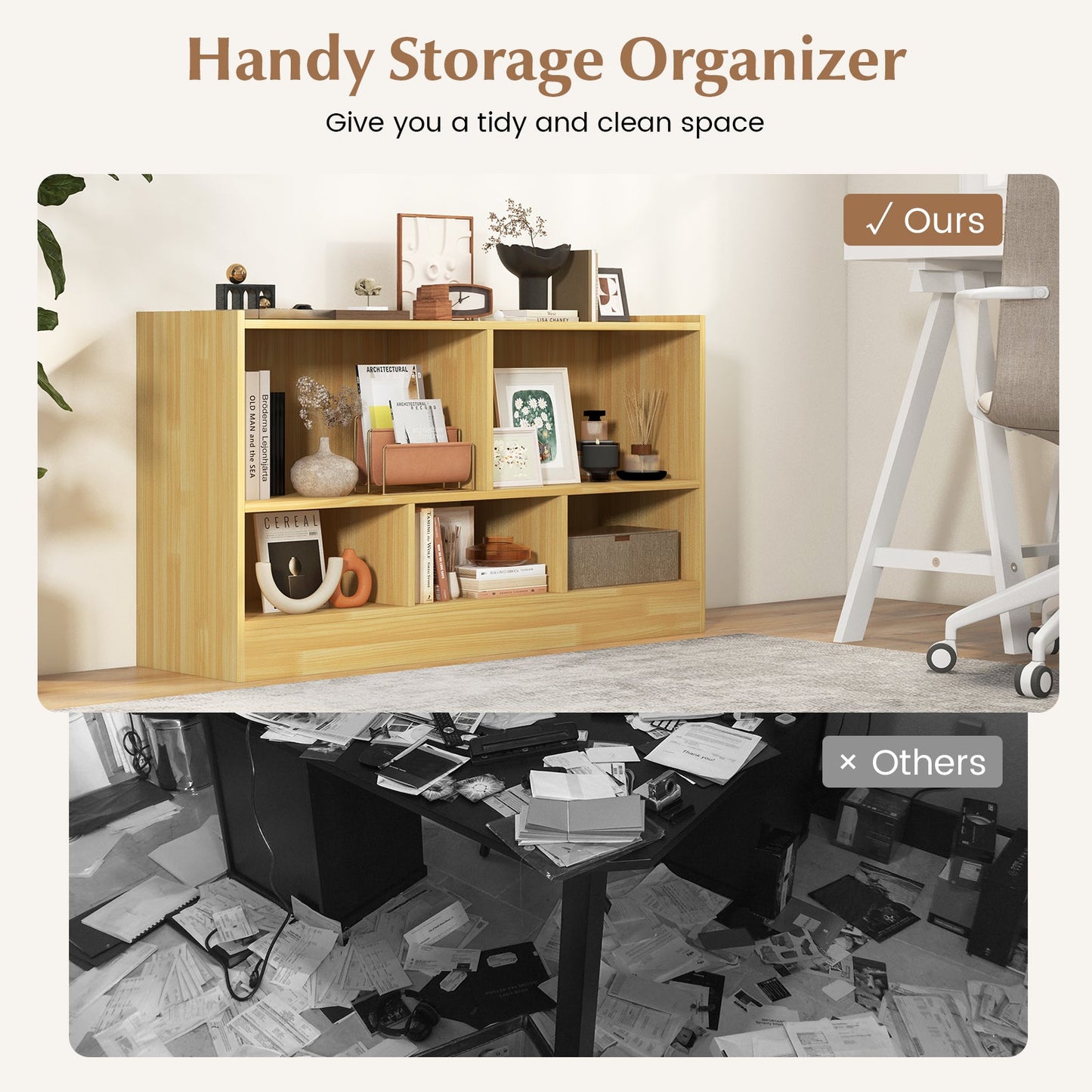 Kids 2-Shelf Bookcase 5-Cube Wood Toy Storage Cabinet Organizer