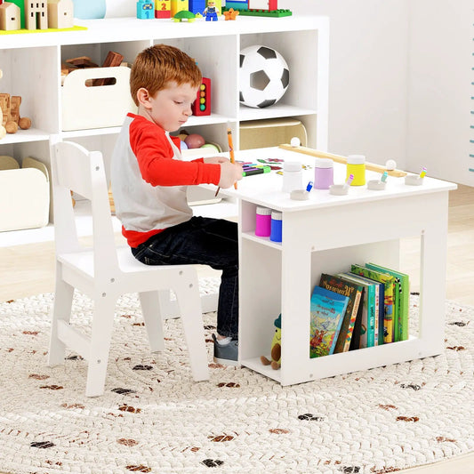Kids art table and chair set for toddlers, white wood with markers and paint pots on tabletop on Tampa Home & Garden Store