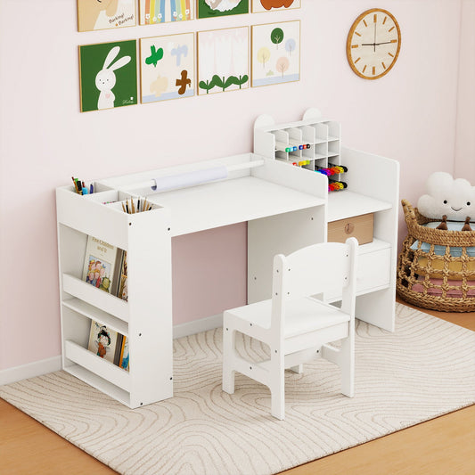 Kids Art Table and Chair Set with Detachable Paper Roll Holder and Cabinet - Tampa Home & Garden Store