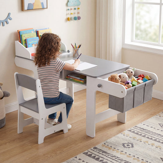 Kids Art Table and Chair with Paper Roll and Fabric Bins for Drawing Reading Studying Playing-Gray - Tampa Home & Garden Store