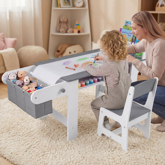 Kids Art Table and Chair with Paper Roll and Fabric Bins for Drawing Reading Studying Playing-Gray - Tampa Home & Garden Store