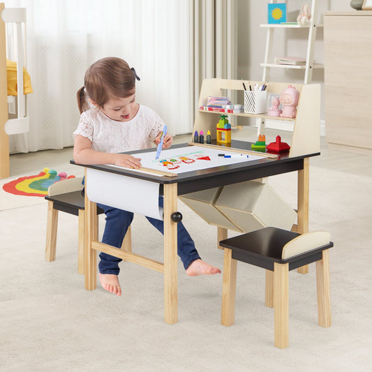Kids Art Table and Chairs Set with Paper Roll and Storage Bins-Coffee - Tampa Home & Garden Store