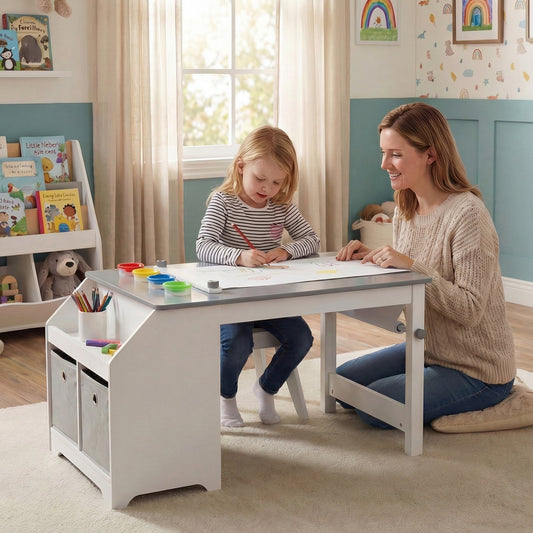 Kids Art Table and Stool Set Toddler Activity Desk with Paper Roll and 4 Paint Cups for Drawing Learning-Gray - Tampa Home & Garden Store