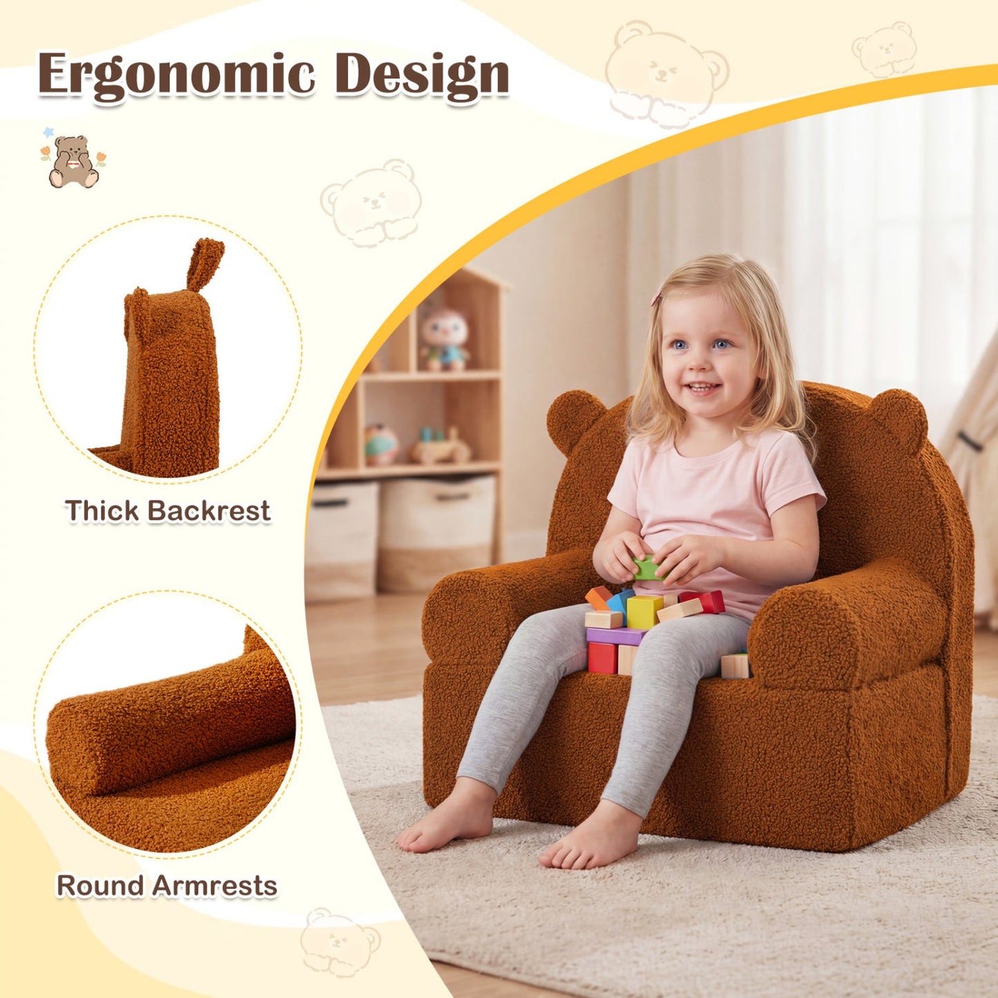 Kids Bear Sofa Toddler Foam Couch with Soft Fleece Fabric Cover