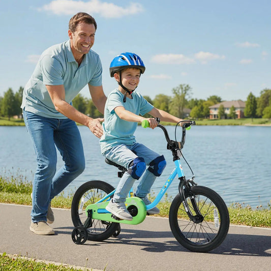 6.5 x 4.3 FT Outdoor Balcony Umbrella DirectDeals, man and boy ride a blue bike by a lake on Tampa Home & Garden Store