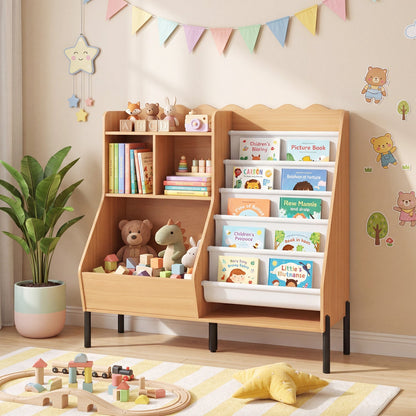 Kids Bookshelf and Toy Storage Organizer with 5 Fabric Pockets in natural wood DirectDeals on Tampa Home & Garden Store