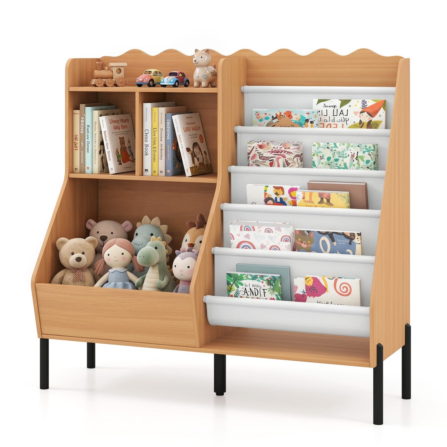 DirectDeals Kids Bookshelf and Toy Organizer with 5 Fabric Pockets, natural wood finish on Tampa Home & Garden Store