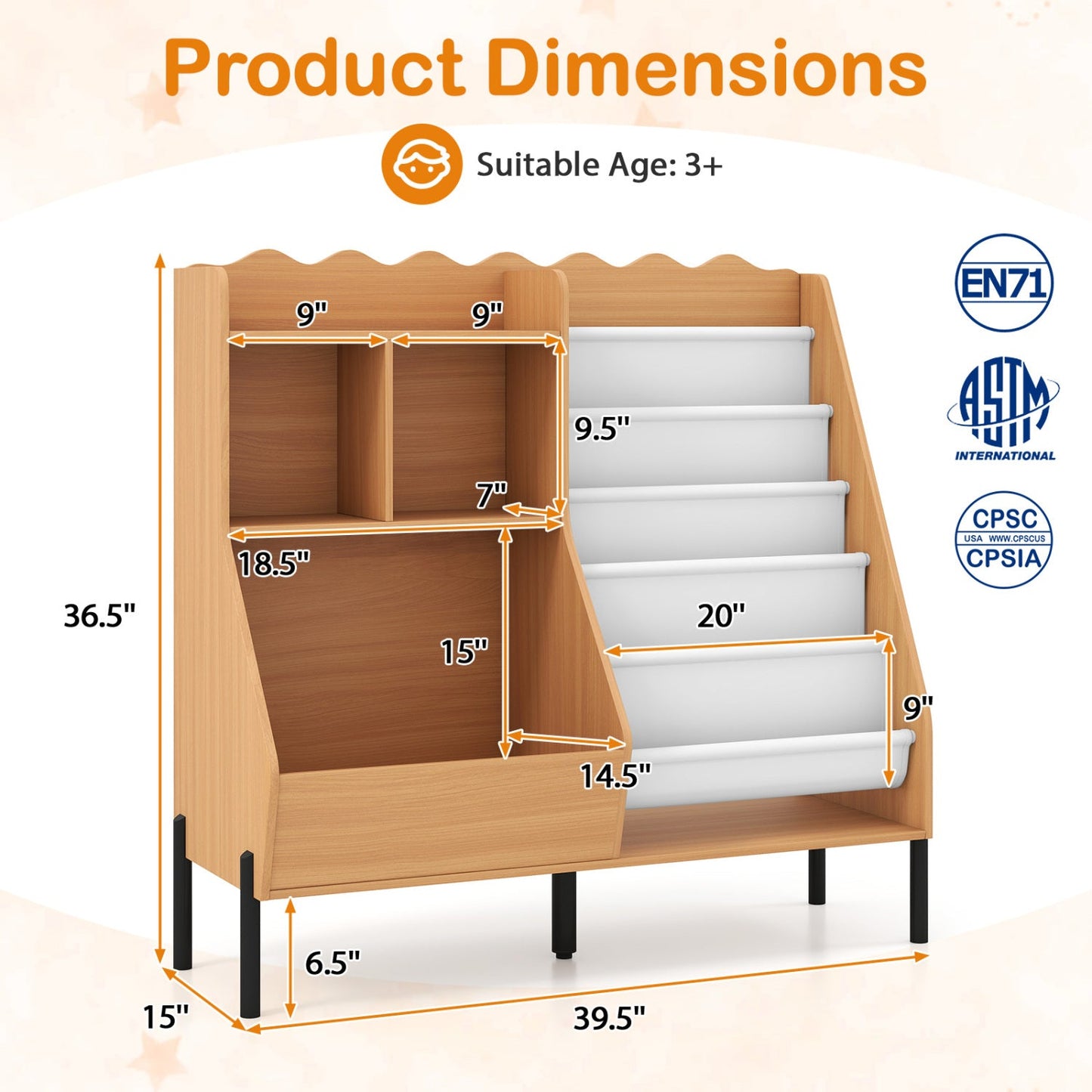 Kids Bookshelf and Toy Storage Organizer with 5 Fabric Pockets wooden unit cubby and stairs on Tampa Home & Garden Store