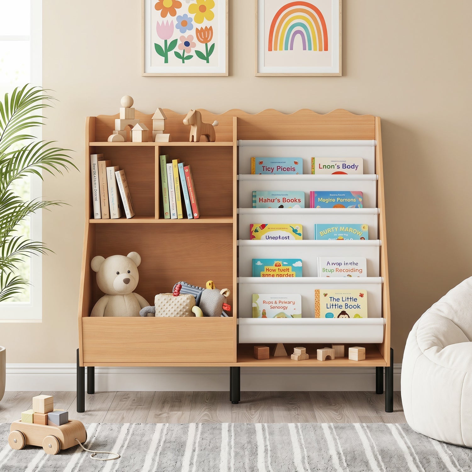 Kids Bookshelf and Toy Storage Organizer with 5 Fabric Pockets in natural wood and white fabric on Tampa Home & Garden Store