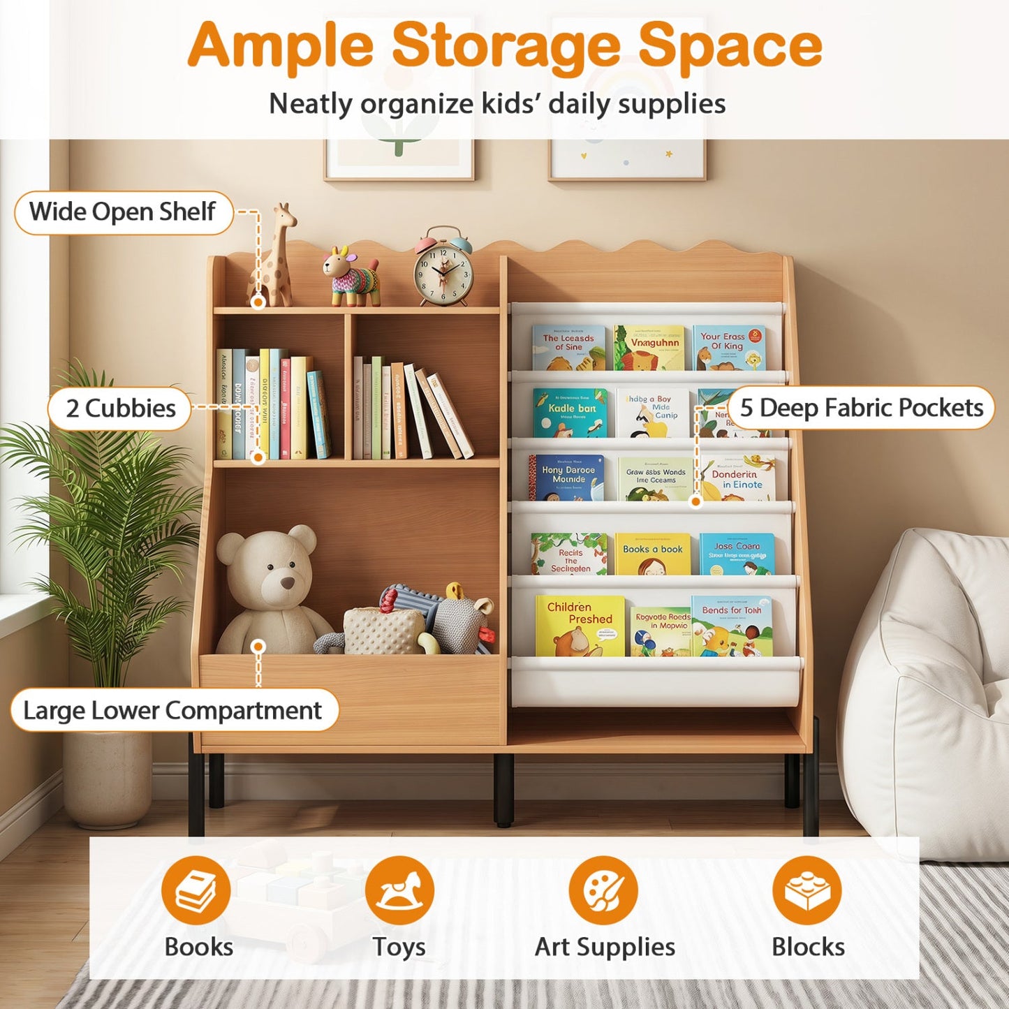 DirectDeals Kids Bookshelf and Toy Storage Organizer in natural wood with 5 deep fabric pockets on Tampa Home & Garden Store