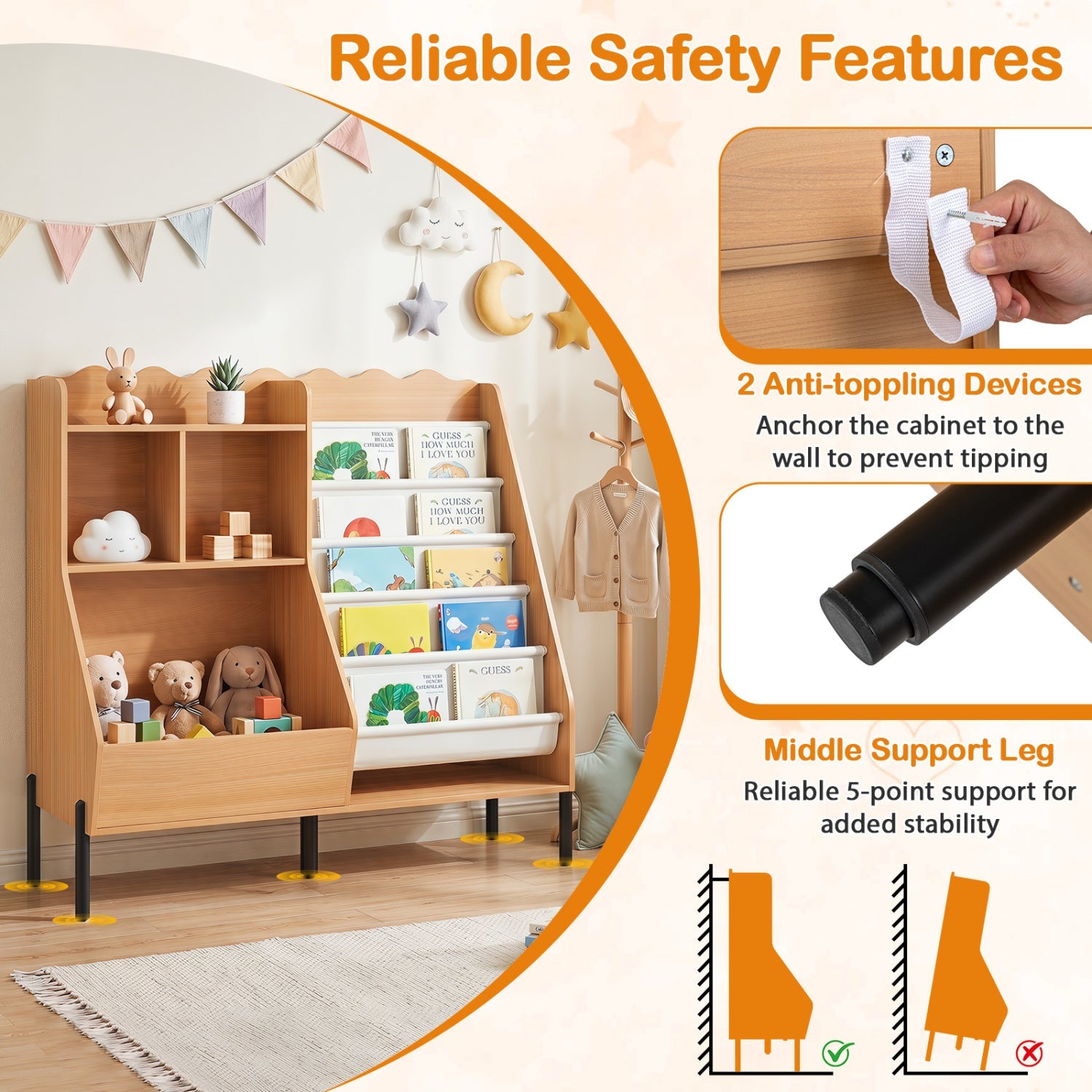 Kids Bookshelf and Toy Storage Organizer with 5 Fabric Pockets natural wood DirectDeals on Tampa Home & Garden Store
