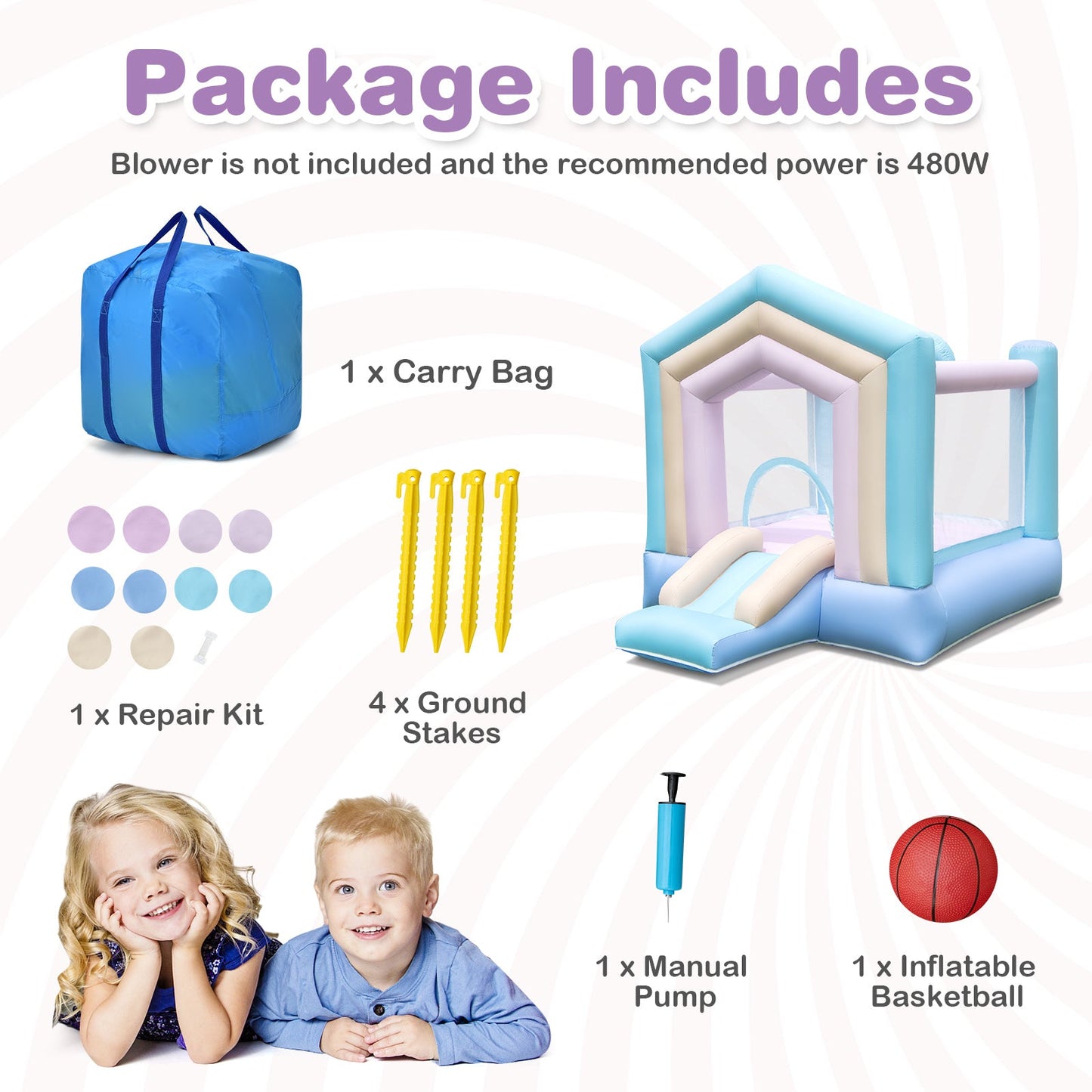 Kids Bounce House with Slide and Basketball Rim Bouncy Castle for Party without Blower