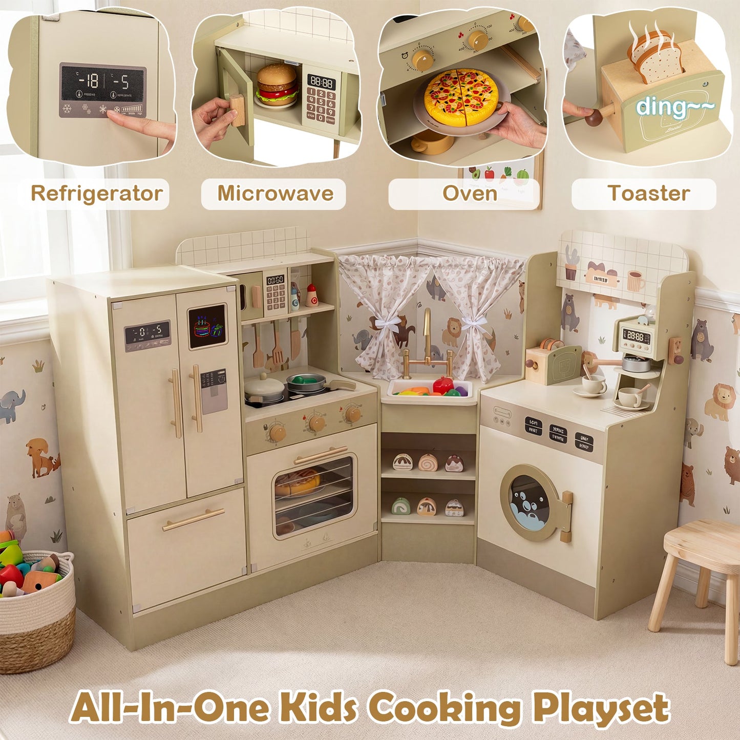 Kids Corner Play Kitchen with Faucet and Dishwasher and Stoves-Green