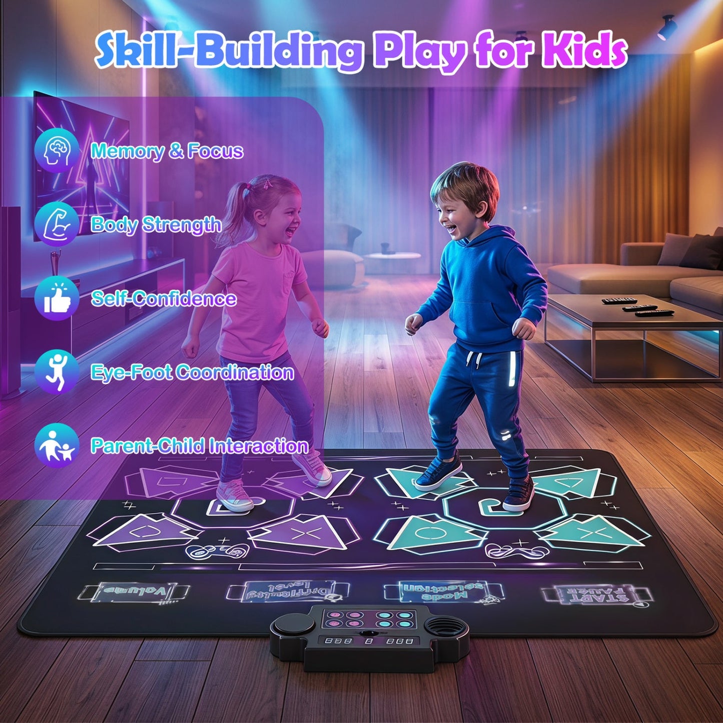 Electronic Kids Dance Mat by DirectDeals with LED lights and 8 songs; two kids dancing on the mat on Tampa Home & Garden Store